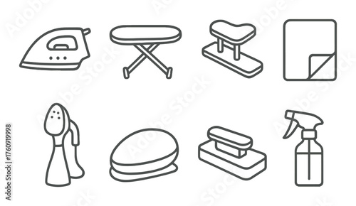 Household ironing tools and accessories icons on metallic background