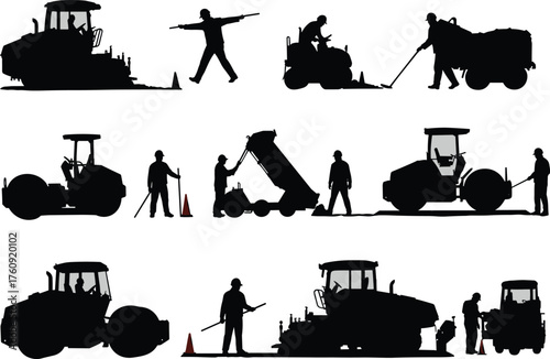 Roadwork, Construction, Silhouette, Machinery, Workers, Roller, Paver, Dump, Truck, Asphalt, Surface, Equipment, Operation, Infrastructure, Site, Task, Labor, Maintenance, Traffic, Cone