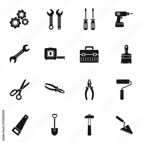 A series of black and white wrench tool icons. Vector icon set. Isolated on a white background.