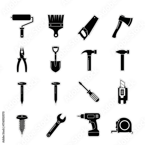 Set of black tool icons including hammer, wrench, drill, saw, pliers, and screwdriver. Perfect for construction, DIY, mechanic, and engineering design projects. Vector silhouette collection.