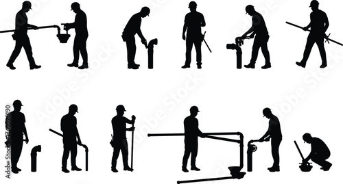 Plumbing, Construction, Silhouette, Workers, Pipes, Fittings, Wrench, Tools, Repair, Installation, Alignment, 