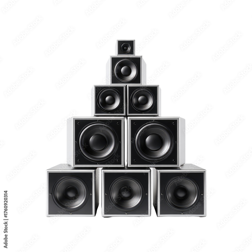 Fototapeta premium Stacked audio speakers forming a pyramid. Various sizes, light gray/white cabinets, black speaker cones visible. Perfect geometric arrangement