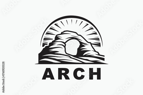 Black archway stone formation with sunburst design features the word ARCH below