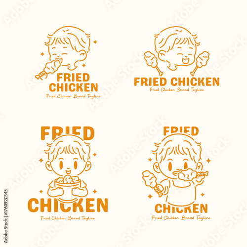 Playful fried chicken logo set featuring a happy boy character eating drumsticks and holding chicken bowl. Orange monoline illustration for fast food branding and restaurant identity.