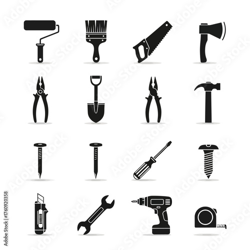 Set of black tool icons including hammer, wrench, drill, saw, pliers, and screwdriver. Perfect for construction, DIY, mechanic, and engineering design projects. Vector silhouette collection.
