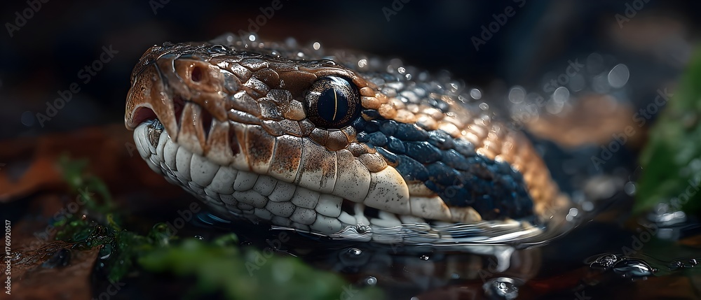 Fototapeta premium A snake is in the water with its head sticking out