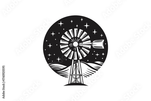 Black and white windmill stands among stars and prairie landscape in form