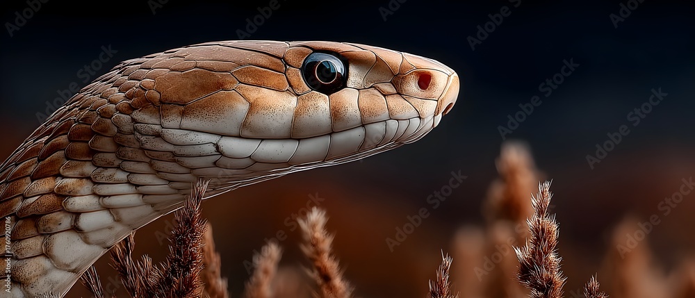 Fototapeta premium A brown and white snake with a black eye