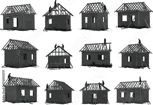 Shed, House, Construction, Silhouette, Workers, Framing, Roof, Structure, Assembly, Residential, Building, Truss, Wall, Technician, Site, Labor, Equipment, Framework, Task, Ladder