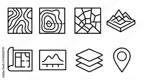 Vector map icons: topographic, plot, contour, terrain, blueprint, graph, layers, pin