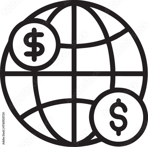 A $ symbol icon caged on a globe illustrates the concept of global finance and economy