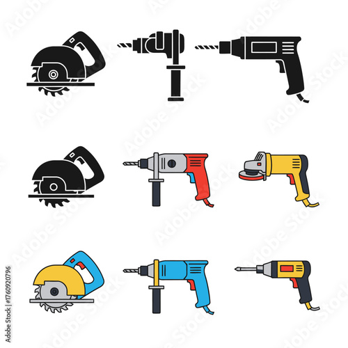 A set of black and white tool, cutter, and drill icons. Vector icon set. Isolated on a white background.