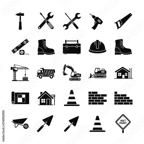 A collection of black and white construction, tools, and heavy equipment icons. Vector icon set. Isolated on a white background.