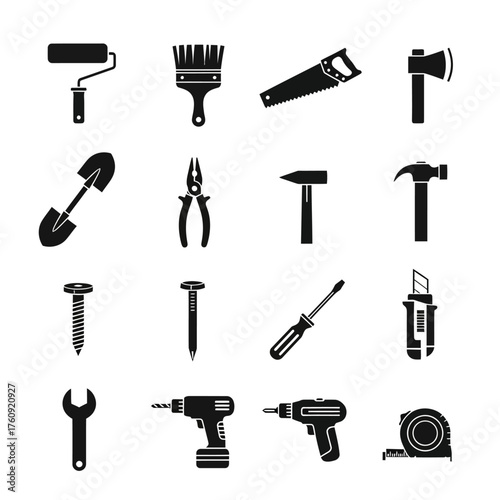 Set of black tool icons including hammer, wrench, drill, saw, pliers, and screwdriver. Perfect for construction, DIY, mechanic, and engineering design projects. Vector silhouette collection.