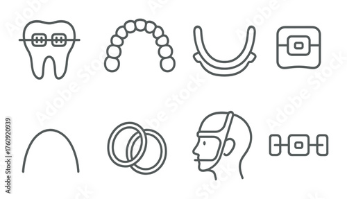 Orthodontic symbols: braces, aligners, headgear, dental icons