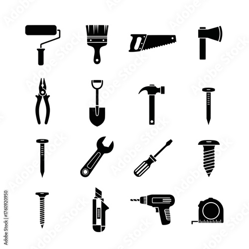 Set of black tool icons including hammer, wrench, drill, saw, pliers, and screwdriver. Perfect for construction, DIY, mechanic, and engineering design projects. Vector silhouette collection.