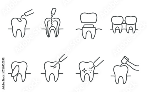 Dental procedures icons: tooth extraction, root canal, crown, dental fillings, cleaning
