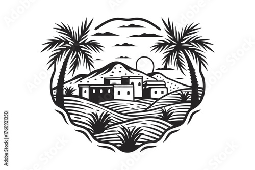 Black illustration showing a desert oasis landscape with buildings and palm trees