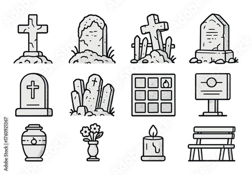 Vector icons of cemetery elements: tombstones, urn, candle, and bench