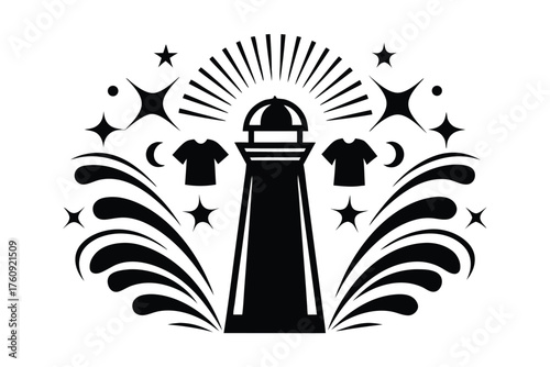 Black lighthouse with shining beams stands between shirts, stars and moons artwork