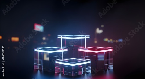 Futuristic Neon Light Glass Cubes Podium Mockup in Night City