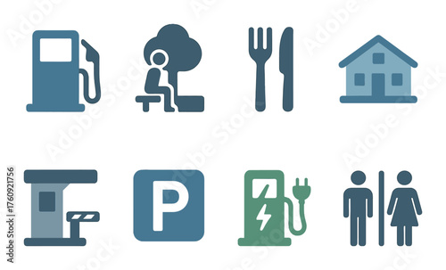 Futuristic icons: electric charging, dining, housing, parking, restrooms - blue and green tints