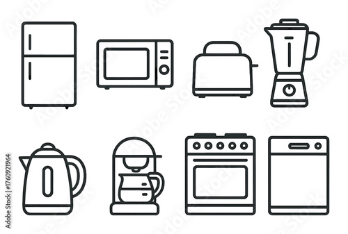 Minimalist kitchen icons: fridge, microwave, toaster, blender, kettle, coffee maker, oven, dishwasher