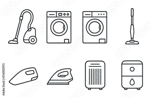 Various home appliances: vacuum cleaners, washing machines, iron, and dehumidifier icons