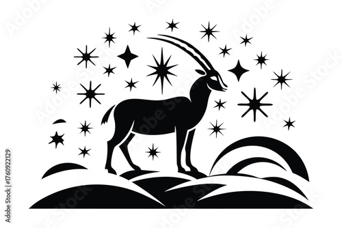 Black oryx standing amidst stylized stars and land formations against a white background