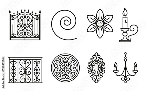 Ornamental design elements collection featuring flowers, candles, patterns, and wrought iron art
