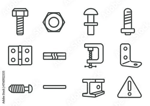 Collection of hardware tools: bolts, nuts, clamps, hinges, and brackets on metallic background
