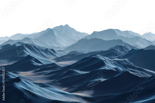 Vast, icy mountain range.  Misty, pale blue tones.  Digital render