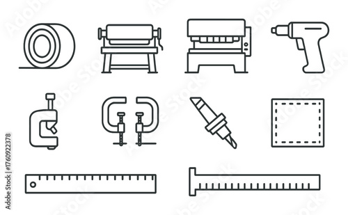 Black and white tool icons with roller, clamp, drill, and scale on gradient background