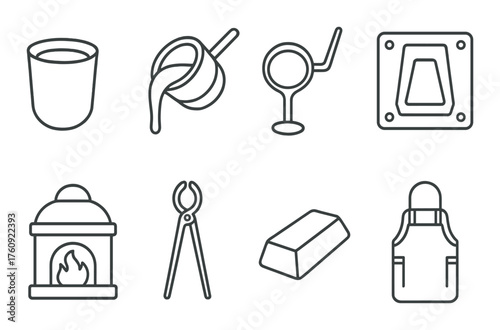 Blacksmithing tools icons: forge, anvil, hammer, tongs, furnace, apron, gloves, metalworking