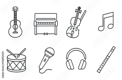 Variety of musical instrument icons featuring guitar, piano, violin, and microphone