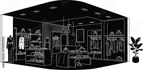 Vector art of a black and white illustration of a modern clothing boutique interior, showcasing racks of apparel, display tables, and a mannequin
