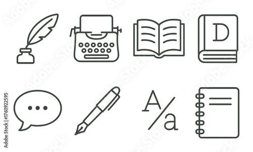 Writing tools icons featuring ink quill, typewriter, book, dictionary, speech bubble, pen, typography, and notebook