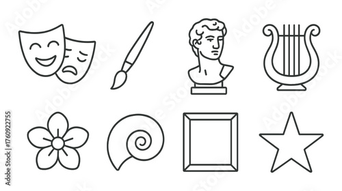 Symbols of art and culture: theatre, painting, sculpture, music, nature, and geometry