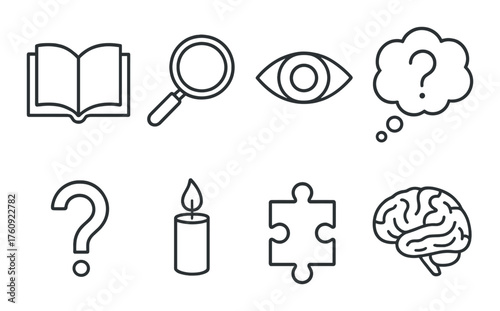 Mystery icons: book, magnifying glass, eye, puzzle, brain, candle, question mark, thought bubble