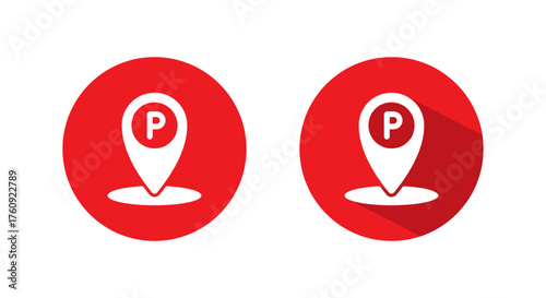 Parking location icon with long shadow. Map marker with letter P symbol