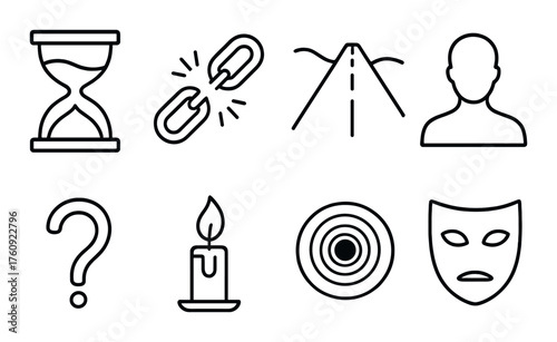 Minimalist icons: hourglass, broken link, mountain road, silhouette, question mark, candle, target, mask