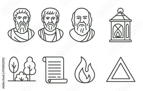 Ancient philosophers and symbolic elements illustrations