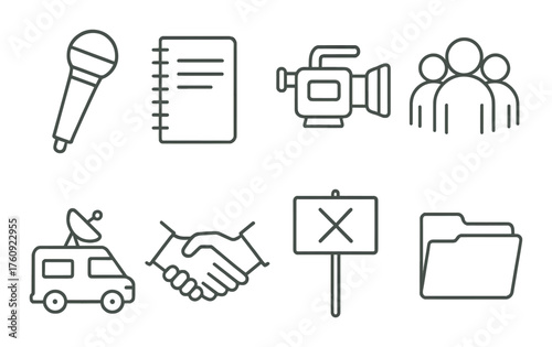 Media and communication icon set featuring microphone, notebook, and camera
