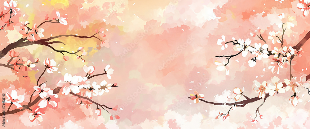 Fototapeta premium 美しい和風の桜梅背景イラスト AI生成画像