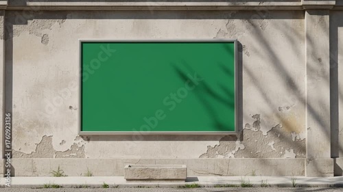 Green Screen Billboard on Weathered Urban Wall with Moving Shadows
