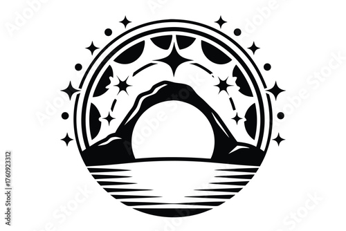 Black shows an arch rock formation rising above the rippled water surface design