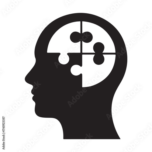 Human head silhouette with puzzle pieces inside isolated on white background, representing mental health and problemsolving