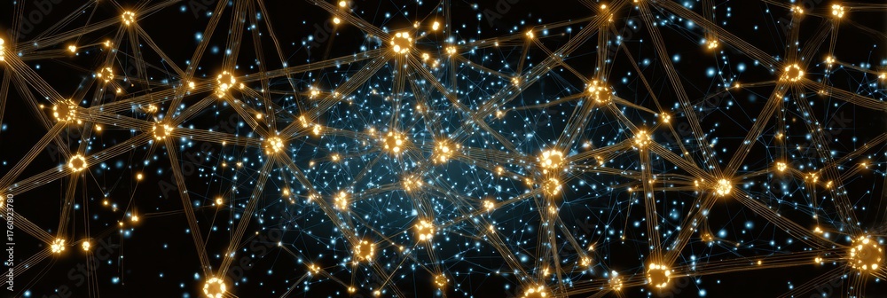 Naklejka premium A dynamic array of glowing blue and gold nodes interconnected by luminous lines creates an enchanting cosmic pattern that captivates the viewers attention.