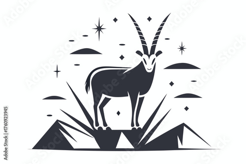 Black silhouette of majestic gemsbok stands amidst mountains, stars and clouds against a white background