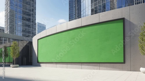 Large Green Screen Billboard on Modern Building in City Plaza